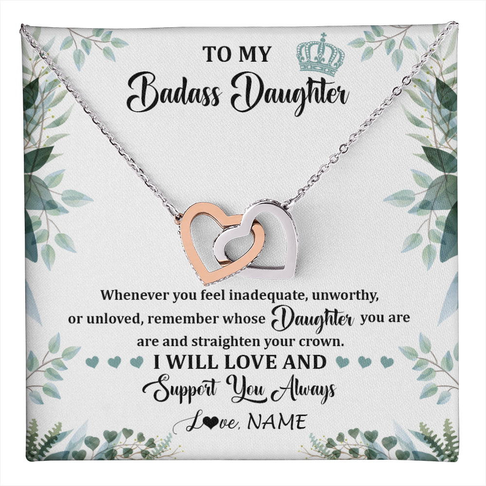 Interlocking Hearts Necklace Stainless Steel & Rose Gold Finish | 1 | Personalized To My Badass Daughter Necklace From Mom Dad Mother Straighten Your Crown Daughter Birthday Graduation Christmas Customized Gift Box Message Card | teecentury