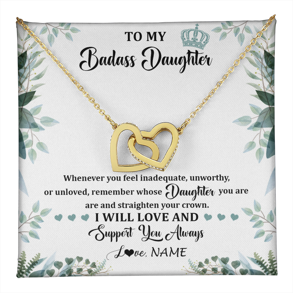 Interlocking Hearts Necklace 18K Yellow Gold Finish | 1 | Personalized To My Badass Daughter Necklace From Mom Dad Mother Straighten Your Crown Daughter Birthday Graduation Christmas Customized Gift Box Message Card | teecentury