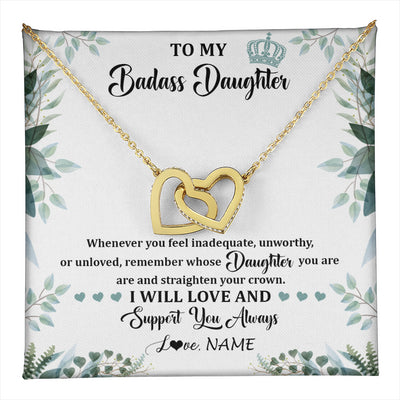 Interlocking Hearts Necklace 18K Yellow Gold Finish | 1 | Personalized To My Badass Daughter Necklace From Mom Dad Mother Straighten Your Crown Daughter Birthday Graduation Christmas Customized Gift Box Message Card | teecentury
