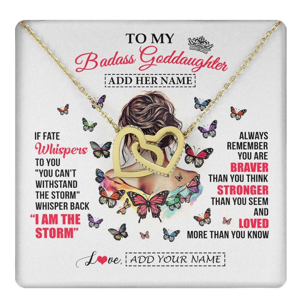 Interlocking Hearts Necklace 18K Yellow Gold Finish | 1 | Personalized To My Badass Goddaughter From Uncle Aunt Necklace I Am The Storm Goddaughter Gifts Birthday Graduation Christmas Custom Gift Box Message Card | https://teecentury.
