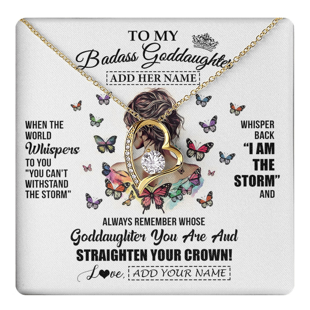 Forever Love Necklace 18K Yellow Gold Finish | 1 | Personalized To My Badass Goddaughter I Am The Storm Necklace From Godmother Beautiful Goddaughter Birthday Gifts Graduation Christmas Gift Box Message Card | https://teecentury.