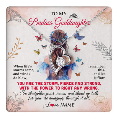 Forever Love Necklace 14K White Gold Finish | 1 | Personalized To My Badass Goddaughter Necklace From Aunt Floral Butterfly Goddaughter Birthday Gifts Graduation Christmas Customized Gift Box Message Card | teecentury