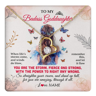 Forever Love Necklace 18K Yellow Gold Finish | 1 | Personalized To My Badass Goddaughter Necklace From Aunt Floral Butterfly Goddaughter Birthday Gifts Graduation Christmas Customized Gift Box Message Card | teecentury