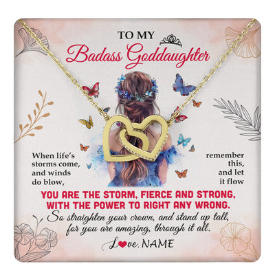 Interlocking Hearts Necklace 18K Yellow Gold Finish | 1 | Personalized To My Badass Goddaughter Necklace From Aunt Floral Butterfly Goddaughter Birthday Gifts Graduation Christmas Customized Gift Box Message Card | teecentury