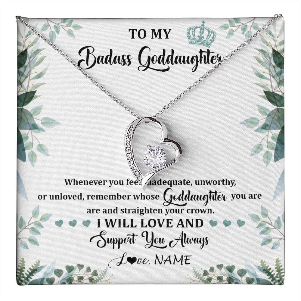 Forever Love Necklace 14K White Gold Finish | 1 | Personalized To My Badass Goddaughter Necklace From Aunt Uncle Straighten Your Crown Goddaughter Birthday Graduation Christmas Customized Gift Box Message Card | teecentury