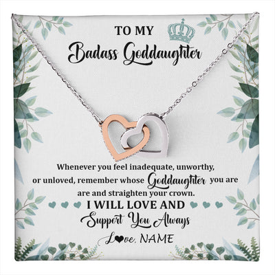Interlocking Hearts Necklace Stainless Steel & Rose Gold Finish | 1 | Personalized To My Badass Goddaughter Necklace From Aunt Uncle Straighten Your Crown Goddaughter Birthday Graduation Christmas Customized Gift Box Message Card | teecentury