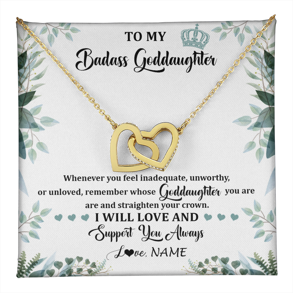 Interlocking Hearts Necklace 18K Yellow Gold Finish | 1 | Personalized To My Badass Goddaughter Necklace From Aunt Uncle Straighten Your Crown Goddaughter Birthday Graduation Christmas Customized Gift Box Message Card | teecentury