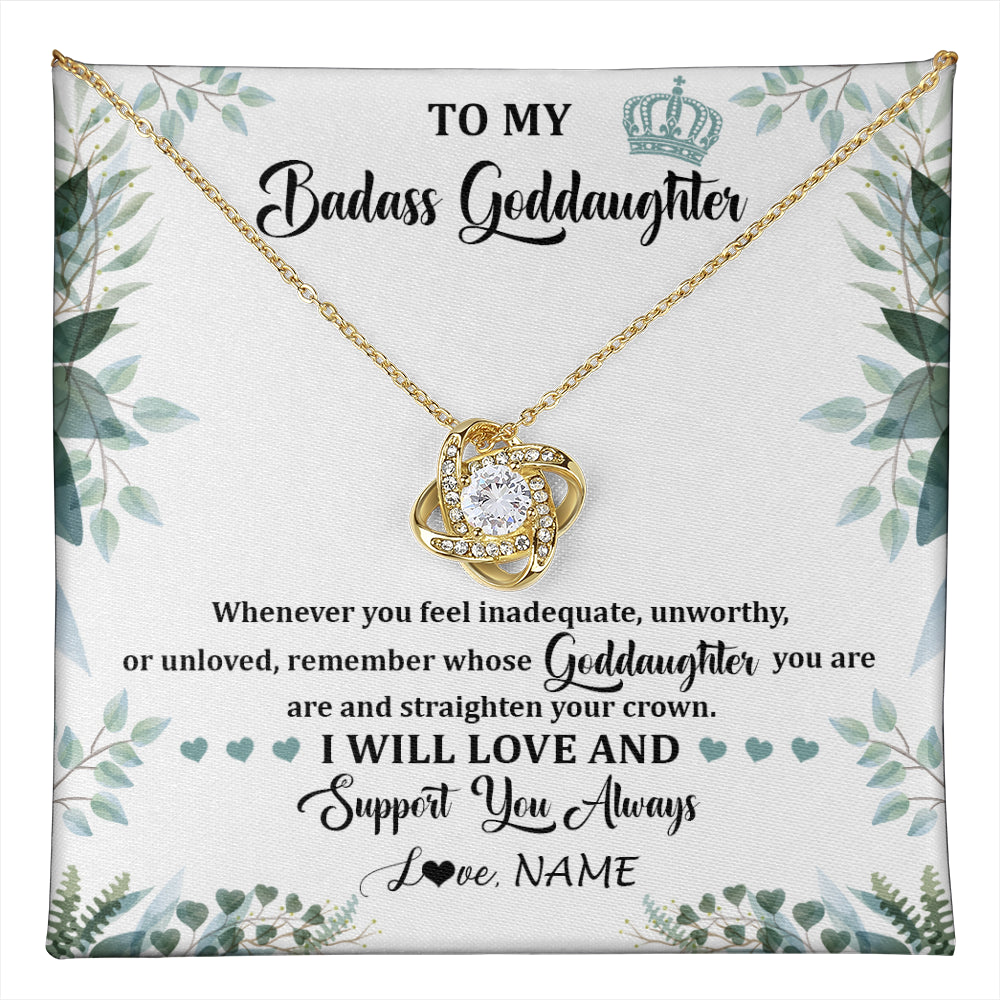 Love Knot Necklace 18K Yellow Gold Finish | 1 | Personalized To My Badass Goddaughter Necklace From Aunt Uncle Straighten Your Crown Goddaughter Birthday Graduation Christmas Customized Gift Box Message Card | teecentury