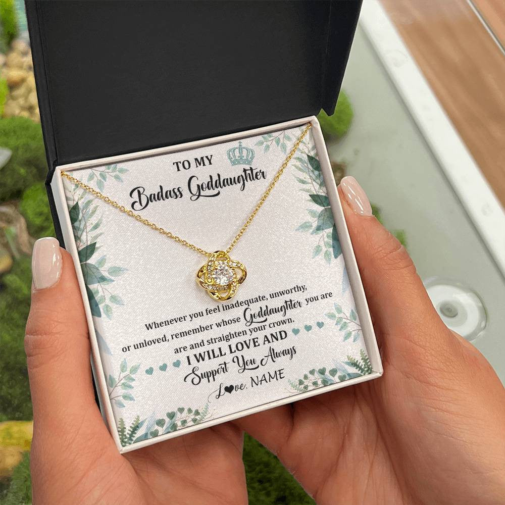 Love Knot Necklace 18K Yellow Gold Finish | 2 | Personalized To My Badass Goddaughter Necklace From Aunt Uncle Straighten Your Crown Goddaughter Birthday Graduation Christmas Customized Gift Box Message Card | teecentury