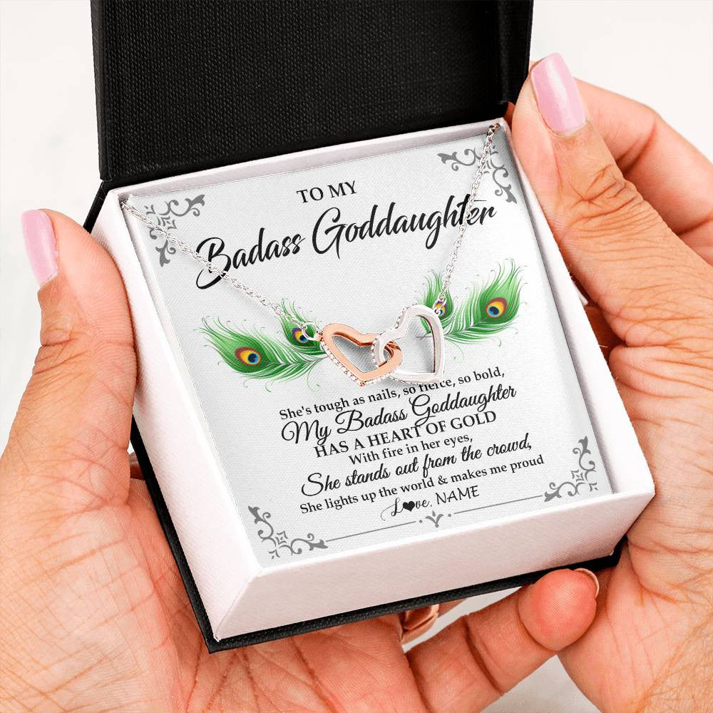 Interlocking Hearts Necklace Stainless Steel & Rose Gold Finish | 2 | Personalized To My Badass Goddaughter Necklace From Godmother Love You Always Goddaughter Birthday Graduation Christmas Customized Gift Box Message Card | teecentury