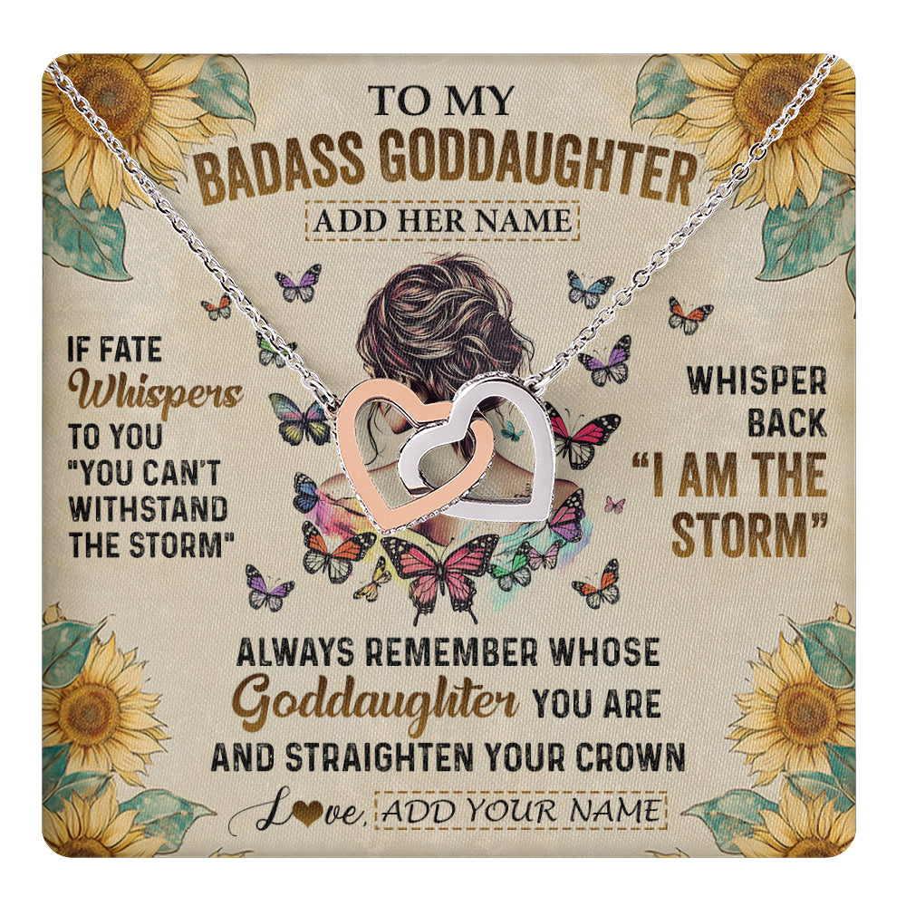 Interlocking Hearts Necklace Stainless Steel & Rose Gold Finish | 1 | Personalized To My Badass Goddaughter Necklace From Uncle Aunt I Am The Storm Goddaughter Gifts Birthday Graduation Christmas Customized Gift Box Message Card | teecentury