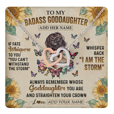 Interlocking Hearts Necklace Stainless Steel & Rose Gold Finish | 1 | Personalized To My Badass Goddaughter Necklace From Uncle Aunt I Am The Storm Goddaughter Gifts Birthday Graduation Christmas Customized Gift Box Message Card | teecentury
