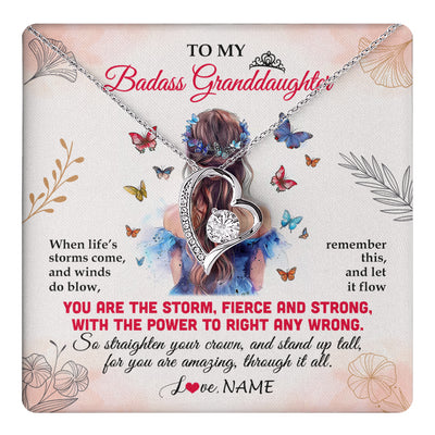 Forever Love Necklace 14K White Gold Finish | 1 | Personalized To My Badass Granddaughter Necklace From Grandma Grandpa Floral Butterfly Granddaughter Birthday Gifts Christmas Customized Gift Box Message Card | teecentury