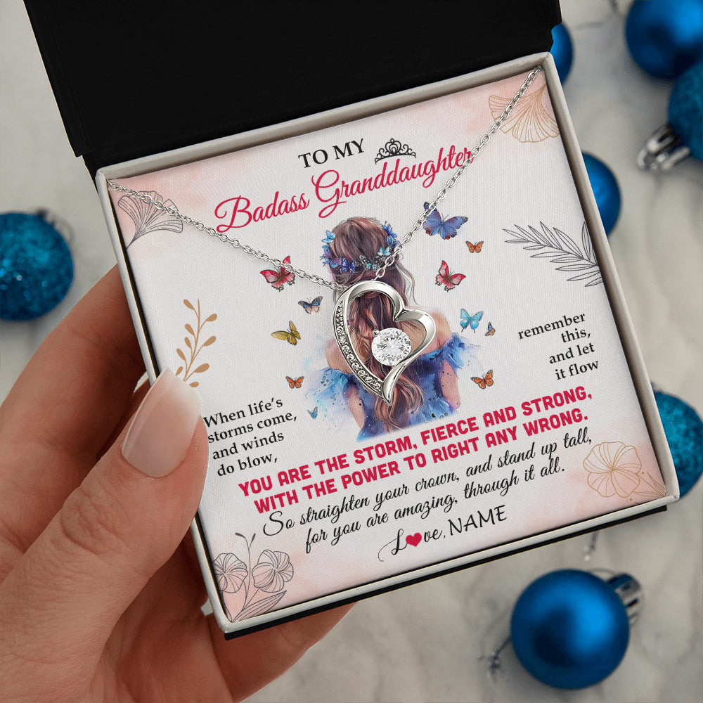 Forever Love Necklace 14K White Gold Finish | 2 | Personalized To My Badass Granddaughter Necklace From Grandma Grandpa Floral Butterfly Granddaughter Birthday Gifts Christmas Customized Gift Box Message Card | teecentury