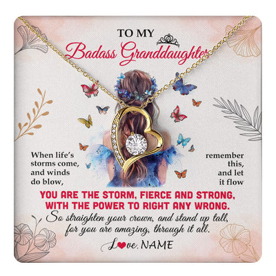 Forever Love Necklace 18K Yellow Gold Finish | 1 | Personalized To My Badass Granddaughter Necklace From Grandma Grandpa Floral Butterfly Granddaughter Birthday Gifts Christmas Customized Gift Box Message Card | teecentury