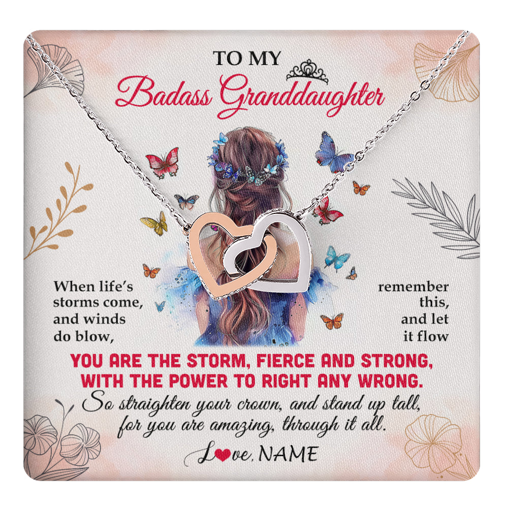 Interlocking Hearts Necklace Stainless Steel & Rose Gold Finish | 1 | Personalized To My Badass Granddaughter Necklace From Grandma Grandpa Floral Butterfly Granddaughter Birthday Gifts Christmas Customized Gift Box Message Card | teecentury