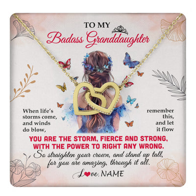 Interlocking Hearts Necklace 18K Yellow Gold Finish | 1 | Personalized To My Badass Granddaughter Necklace From Grandma Grandpa Floral Butterfly Granddaughter Birthday Gifts Christmas Customized Gift Box Message Card | teecentury