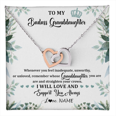 Interlocking Hearts Necklace Stainless Steel & Rose Gold Finish | 1 | Personalized To My Badass Granddaughter Necklace From Grandma Grandpa Straighten Your Crown Granddaughter Birthday Christmas Customized Gift Box Message Card | teecentury