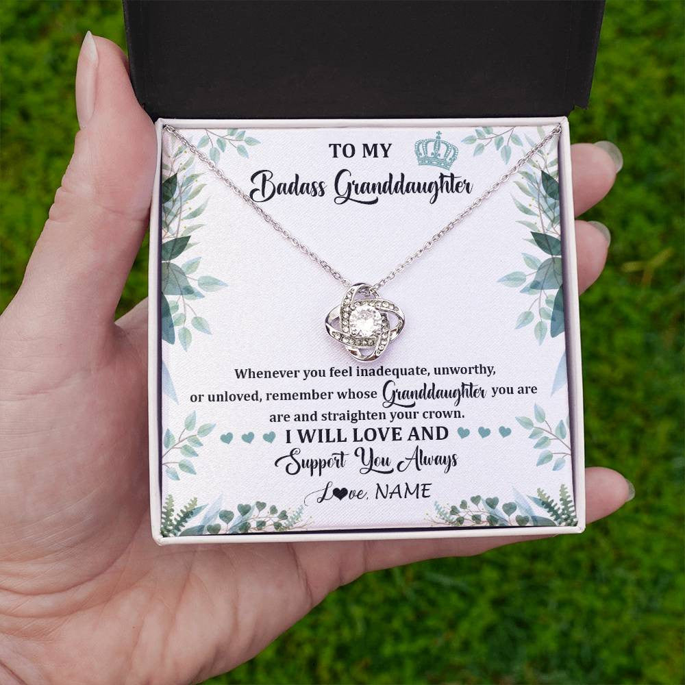 Love Knot Necklace 14K White Gold Finish | 2 | Personalized To My Badass Granddaughter Necklace From Grandma Grandpa Straighten Your Crown Granddaughter Birthday Christmas Customized Gift Box Message Card | teecentury