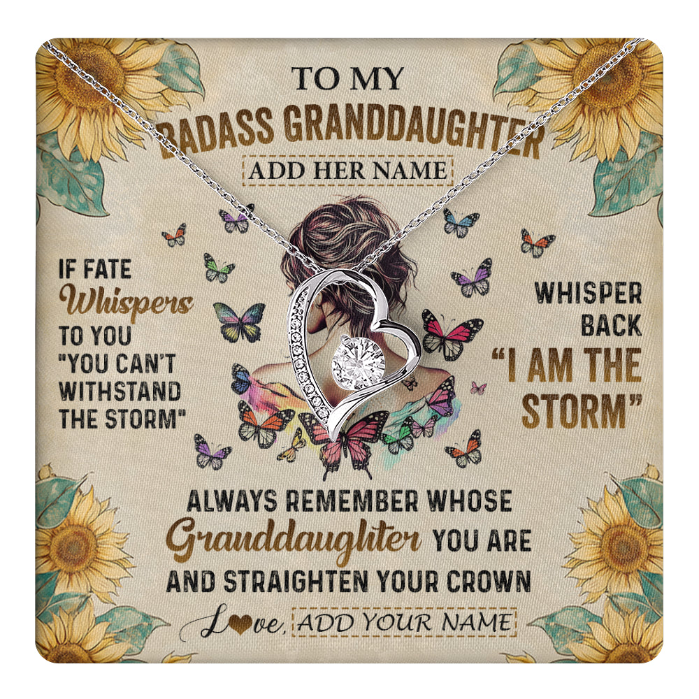 Forever Love Necklace 14K White Gold Finish | 1 | Personalized To My Badass Granddaughter Necklace From Grandpa Papa I Am The Storm Granddaughter Gifts Birthday Christmas Customized Gift Box Message Card | teecentury