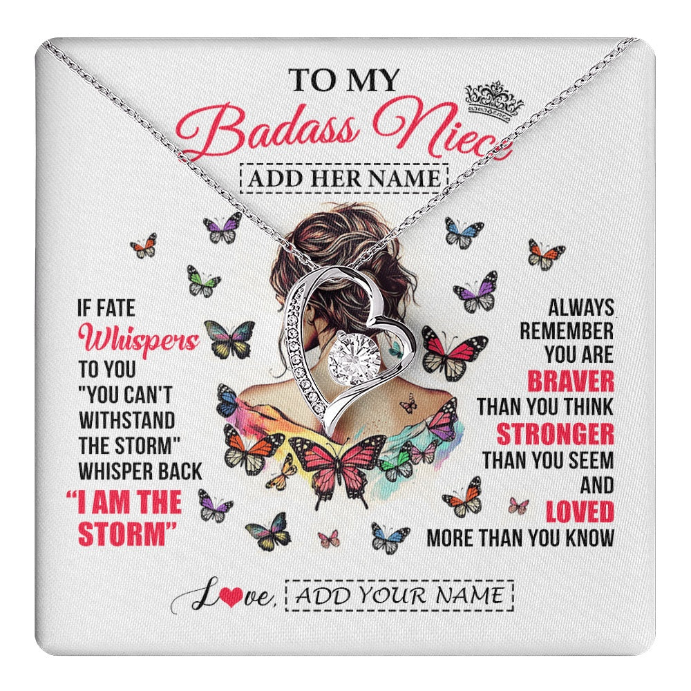 Forever Love Necklace 14K White Gold Finish | 1 | Personalized To My Badass Niece From Uncle Aunt Auntie Necklace I Am The Storm Niece Gifts Birthday Graduation Christmas Custom Gift Box Message Card | https://teecentury.