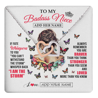 Interlocking Hearts Necklace Stainless Steel & Rose Gold Finish | 1 | Personalized To My Badass Niece From Uncle Aunt Auntie Necklace I Am The Storm Niece Gifts Birthday Graduation Christmas Custom Gift Box Message Card | https://teecentury.