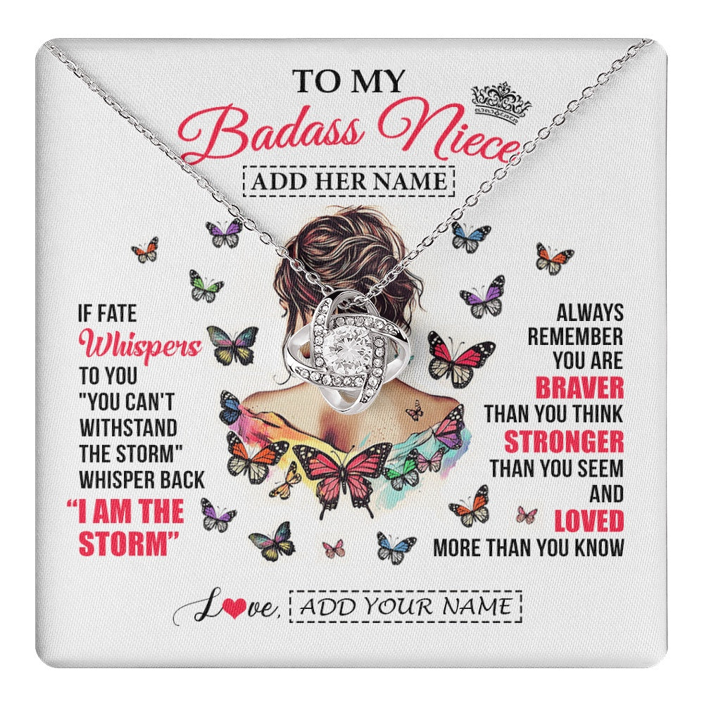 Love Knot Necklace 14K White Gold Finish | 1 | Personalized To My Badass Niece From Uncle Aunt Auntie Necklace I Am The Storm Niece Gifts Birthday Graduation Christmas Custom Gift Box Message Card | https://teecentury.