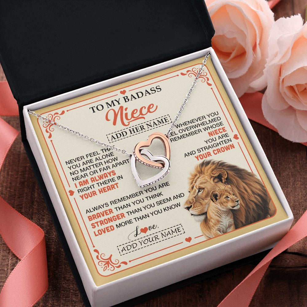 Interlocking Hearts Necklace Stainless Steel & Rose Gold Finish | 2 | Personalized To My Badass Niece Gifts From Aunt Uncle Necklace Lion Jewelry Gifts Present Ideas For Niece Birthday Graduation Christmas Gift Box Message Card | https://teecentury.
