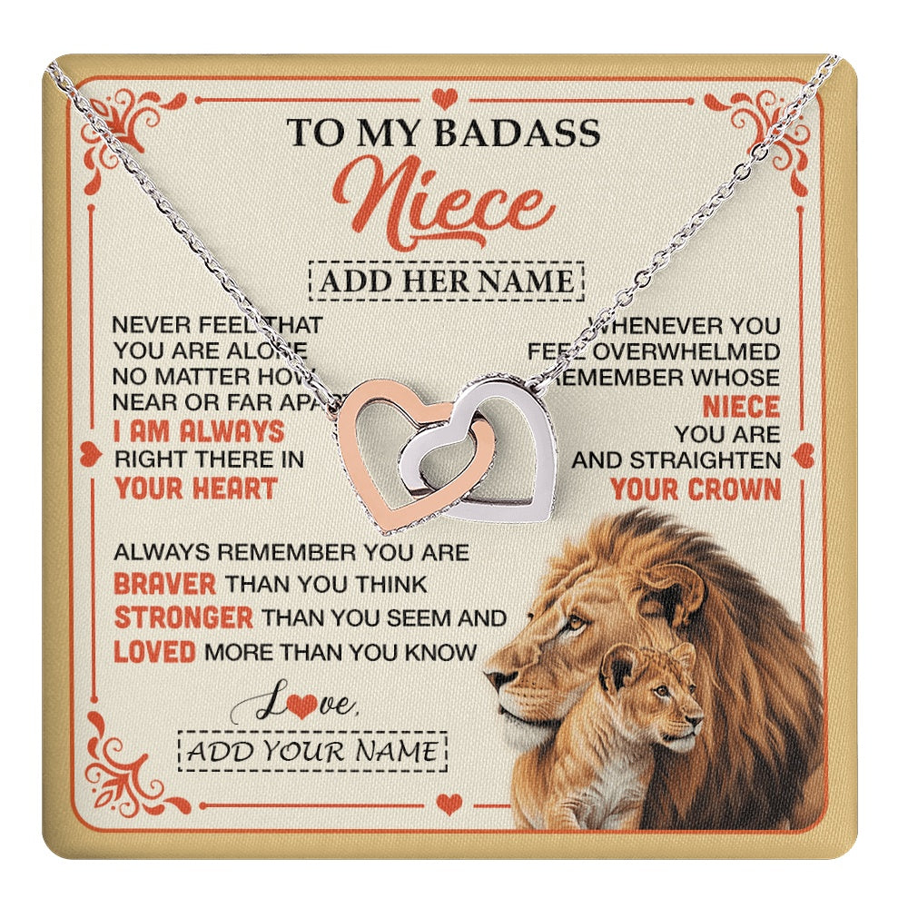 Interlocking Hearts Necklace Stainless Steel & Rose Gold Finish | 1 | Personalized To My Badass Niece Gifts From Aunt Uncle Necklace Lion Jewelry Gifts Present Ideas For Niece Birthday Graduation Christmas Gift Box Message Card | https://teecentury.