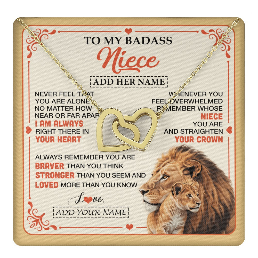 Interlocking Hearts Necklace 18K Yellow Gold Finish | 1 | Personalized To My Badass Niece Gifts From Aunt Uncle Necklace Lion Jewelry Gifts Present Ideas For Niece Birthday Graduation Christmas Gift Box Message Card | https://teecentury.