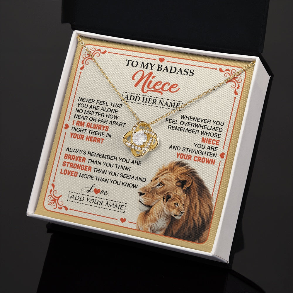 Love Knot Necklace 18K Yellow Gold Finish | 2 | Personalized To My Badass Niece Gifts From Aunt Uncle Necklace Lion Jewelry Gifts Present Ideas For Niece Birthday Graduation Christmas Gift Box Message Card | https://teecentury.