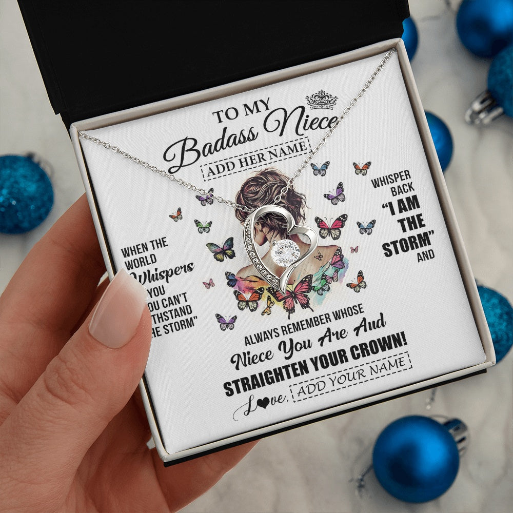 Forever Love Necklace 14K White Gold Finish | 2 | Personalized To My Badass Niece I Am The Storm Necklace From Uncle Aunt Auntie Beautiful Niece Birthday Gifts Graduation Christmas Gift Box Message Card | https://teecentury.