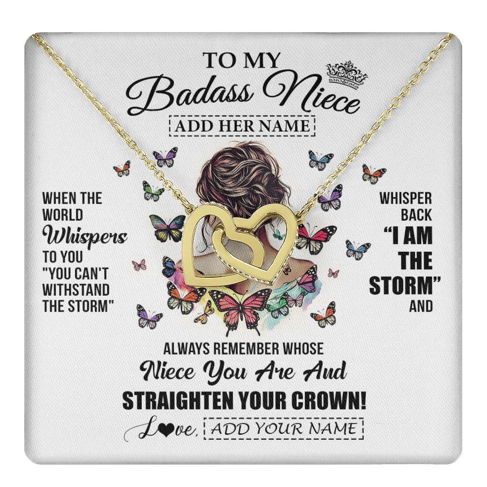 Interlocking Hearts Necklace 18K Yellow Gold Finish | 1 | Personalized To My Badass Niece I Am The Storm Necklace From Uncle Aunt Auntie Beautiful Niece Birthday Gifts Graduation Christmas Gift Box Message Card | https://teecentury.