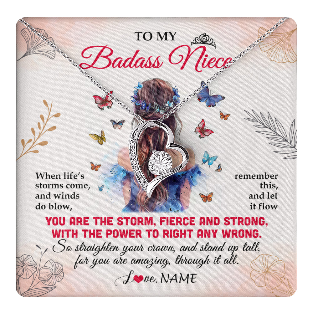 Forever Love Necklace 14K White Gold Finish | 1 | Personalized To My Badass Niece Necklace From Aunt Auntie Uncle Floral Butterfly Niece Birthday Gifts Graduation Christmas Customized Gift Box Message Card | teecentury