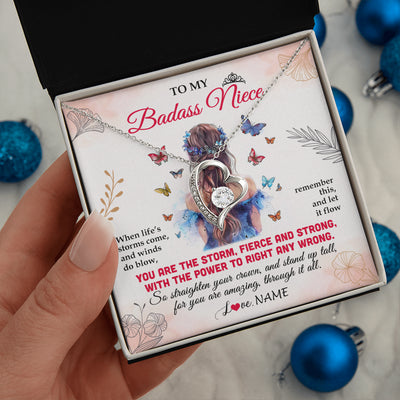 Forever Love Necklace 14K White Gold Finish | 2 | Personalized To My Badass Niece Necklace From Aunt Auntie Uncle Floral Butterfly Niece Birthday Gifts Graduation Christmas Customized Gift Box Message Card | teecentury