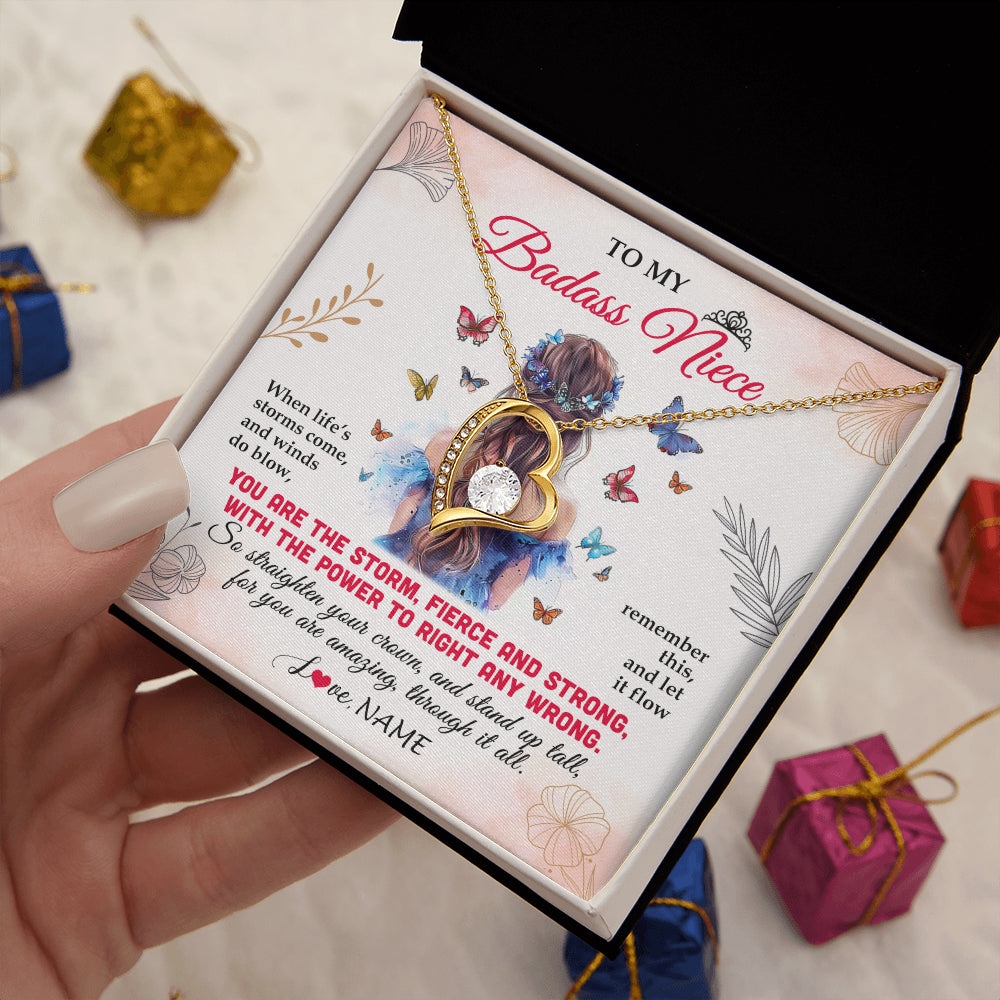 Forever Love Necklace 18K Yellow Gold Finish | 2 | Personalized To My Badass Niece Necklace From Aunt Auntie Uncle Floral Butterfly Niece Birthday Gifts Graduation Christmas Customized Gift Box Message Card | teecentury
