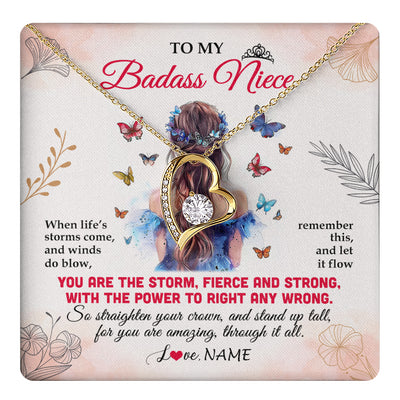 Forever Love Necklace 18K Yellow Gold Finish | 1 | Personalized To My Badass Niece Necklace From Aunt Auntie Uncle Floral Butterfly Niece Birthday Gifts Graduation Christmas Customized Gift Box Message Card | teecentury