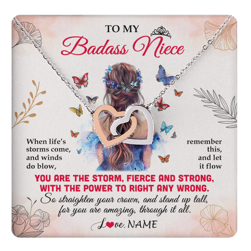 Interlocking Hearts Necklace Stainless Steel & Rose Gold Finish | 1 | Personalized To My Badass Niece Necklace From Aunt Auntie Uncle Floral Butterfly Niece Birthday Gifts Graduation Christmas Customized Gift Box Message Card | teecentury