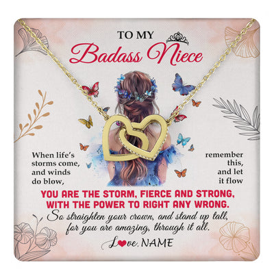 Interlocking Hearts Necklace 18K Yellow Gold Finish | 1 | Personalized To My Badass Niece Necklace From Aunt Auntie Uncle Floral Butterfly Niece Birthday Gifts Graduation Christmas Customized Gift Box Message Card | teecentury