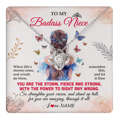 Love Knot Necklace 14K White Gold Finish | 1 | Personalized To My Badass Niece Necklace From Aunt Auntie Uncle Floral Butterfly Niece Birthday Gifts Graduation Christmas Customized Gift Box Message Card | teecentury