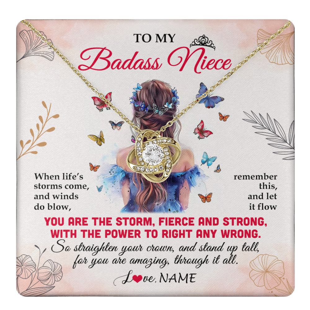 Love Knot Necklace 18K Yellow Gold Finish | 1 | Personalized To My Badass Niece Necklace From Aunt Auntie Uncle Floral Butterfly Niece Birthday Gifts Graduation Christmas Customized Gift Box Message Card | teecentury