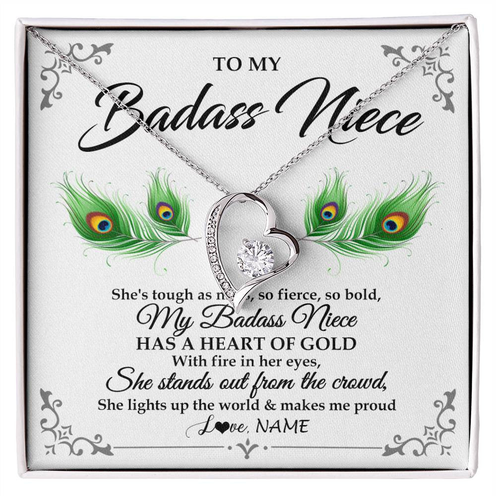 Forever Love Necklace 14K White Gold Finish | 1 | Personalized To My Badass Niece Necklace From Aunt Uncle Love You Always Niece Jewelry Birthday Gift Graduation Christmas Customized Gift Box Message Card | teecentury