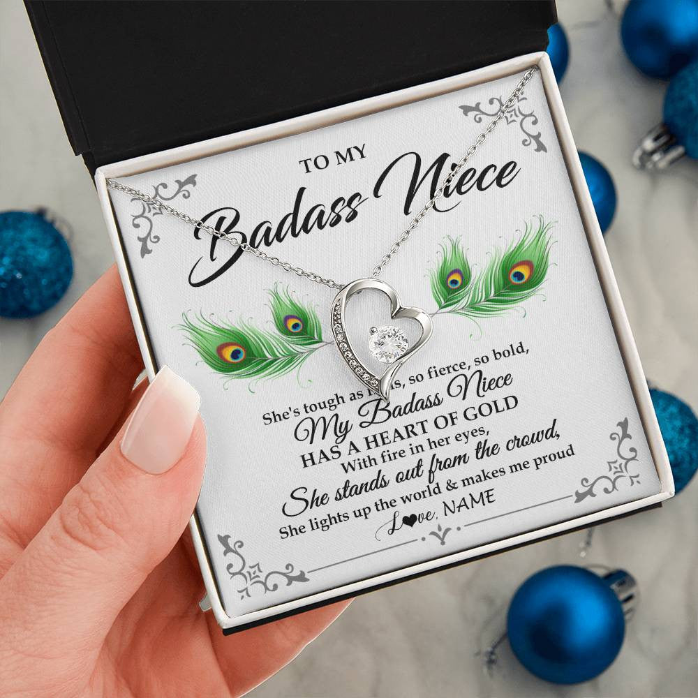 Forever Love Necklace 14K White Gold Finish | 2 | Personalized To My Badass Niece Necklace From Aunt Uncle Love You Always Niece Jewelry Birthday Gift Graduation Christmas Customized Gift Box Message Card | teecentury