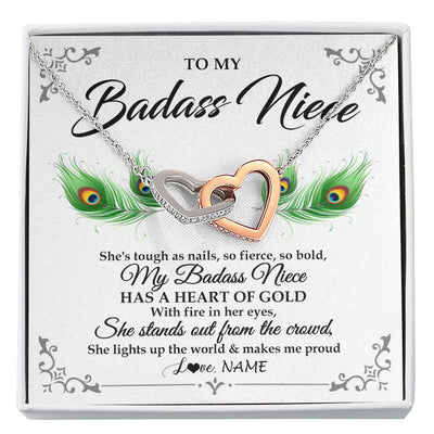 Interlocking Hearts Necklace Stainless Steel & Rose Gold Finish | 1 | Personalized To My Badass Niece Necklace From Aunt Uncle Love You Always Niece Jewelry Birthday Gift Graduation Christmas Customized Gift Box Message Card | teecentury