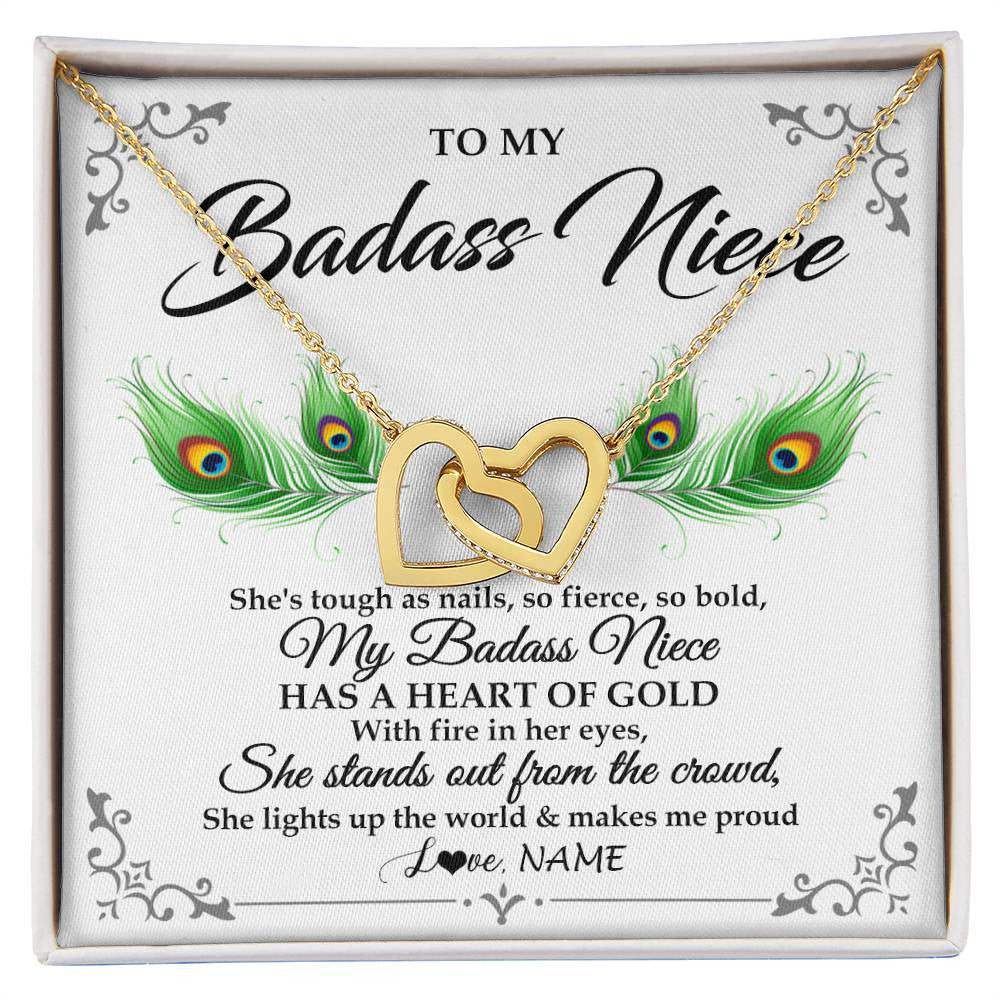 Interlocking Hearts Necklace 18K Yellow Gold Finish | 1 | Personalized To My Badass Niece Necklace From Aunt Uncle Love You Always Niece Jewelry Birthday Gift Graduation Christmas Customized Gift Box Message Card | teecentury