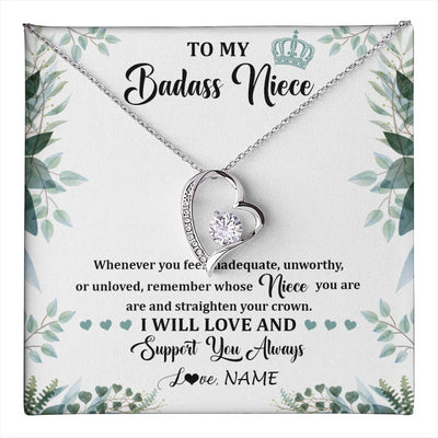 Forever Love Necklace 14K White Gold Finish | 1 | Personalized To My Badass Niece Necklace From Aunt Uncle Straighten Your Crown Niece Birthday Jewelry Graduation Christmas Customized Gift Box Message Card | teecentury