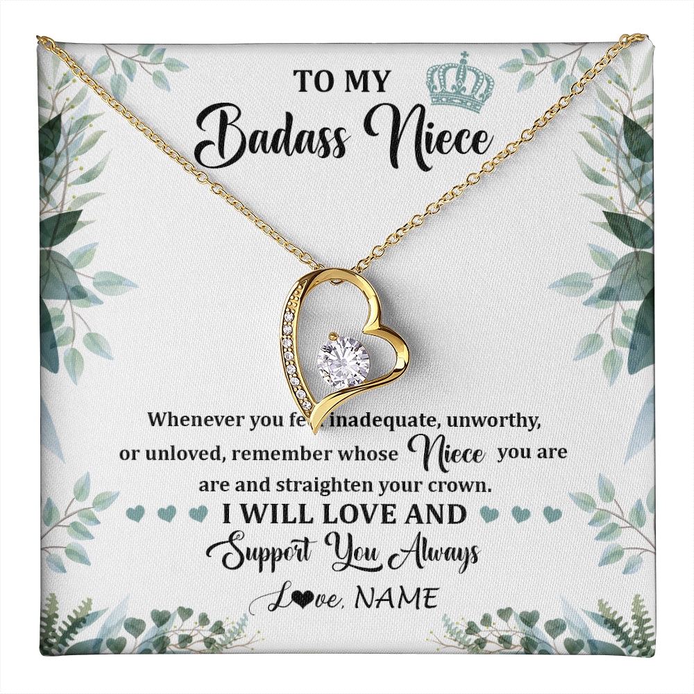 Forever Love Necklace 18K Yellow Gold Finish | 1 | Personalized To My Badass Niece Necklace From Aunt Uncle Straighten Your Crown Niece Birthday Jewelry Graduation Christmas Customized Gift Box Message Card | teecentury