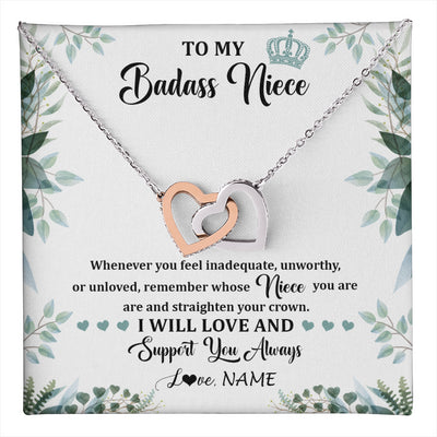 Interlocking Hearts Necklace Stainless Steel & Rose Gold Finish | 1 | Personalized To My Badass Niece Necklace From Aunt Uncle Straighten Your Crown Niece Birthday Jewelry Graduation Christmas Customized Gift Box Message Card | teecentury