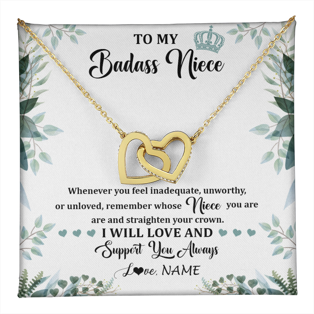 Interlocking Hearts Necklace 18K Yellow Gold Finish | 1 | Personalized To My Badass Niece Necklace From Aunt Uncle Straighten Your Crown Niece Birthday Jewelry Graduation Christmas Customized Gift Box Message Card | teecentury