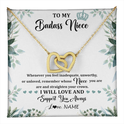 Interlocking Hearts Necklace 18K Yellow Gold Finish | 1 | Personalized To My Badass Niece Necklace From Aunt Uncle Straighten Your Crown Niece Birthday Jewelry Graduation Christmas Customized Gift Box Message Card | teecentury